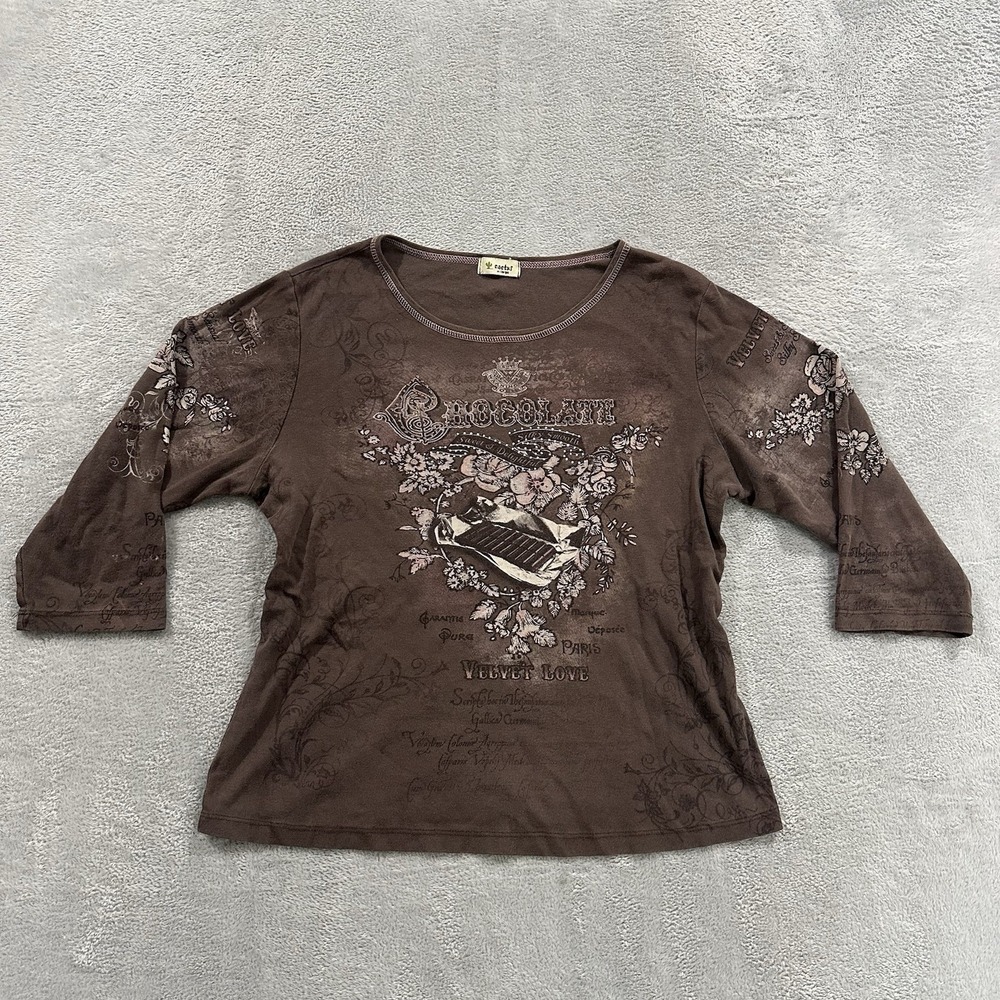 Cactus Top Tee TShirt Women's XL Brown Chocolate Floral Y2K Vintage Western